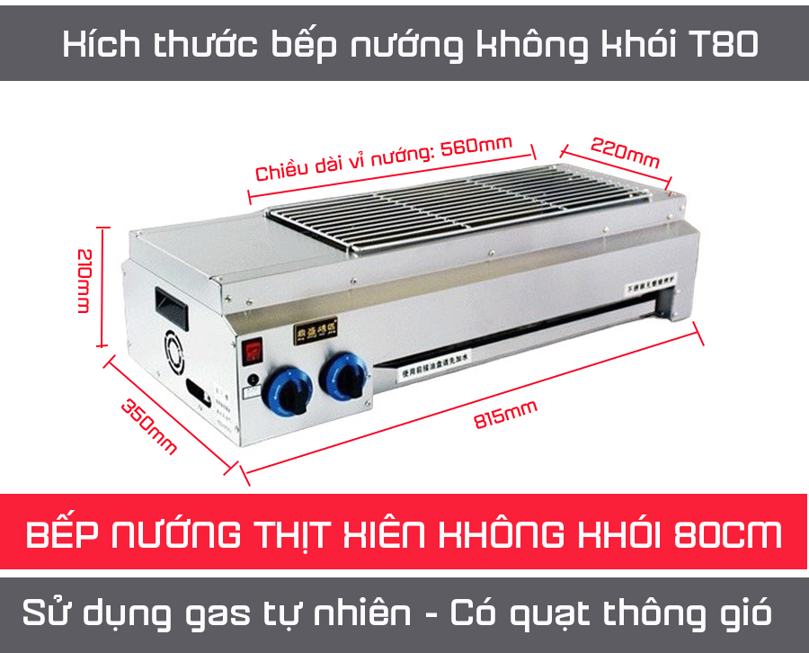 Kích thước bếp nướng thịt xiên không khói T80