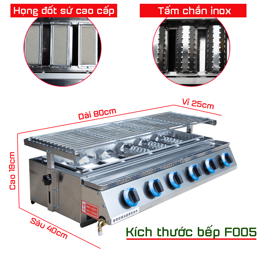 kích thước bếp nướng gas 6 họng ngắn