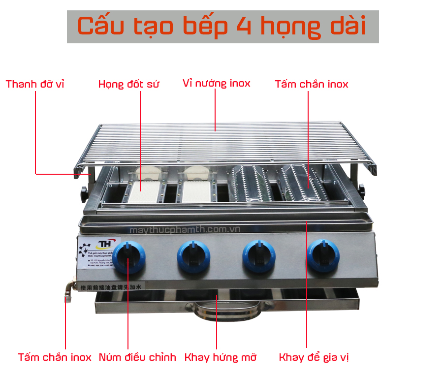 cấu tạo bếp nướng gas 4 họng đốt dài