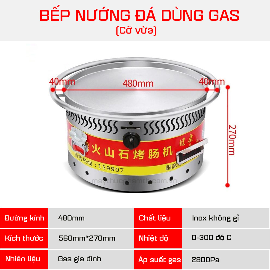 thông số kỹ thuật bếp nướng đá dùng gas cỡ vừa